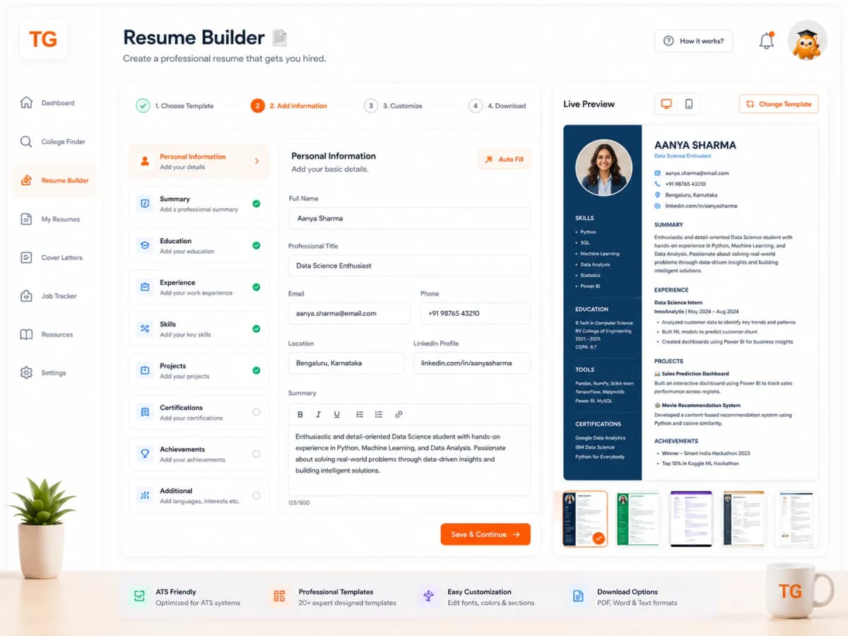 TalentGro Resume Builder — professional resume templates