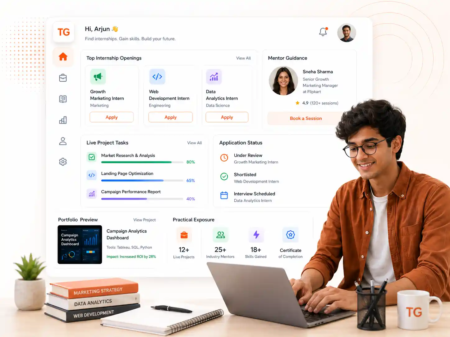 TalentGro internship dashboard showing real projects, mentor guidance, and intern progress tracking