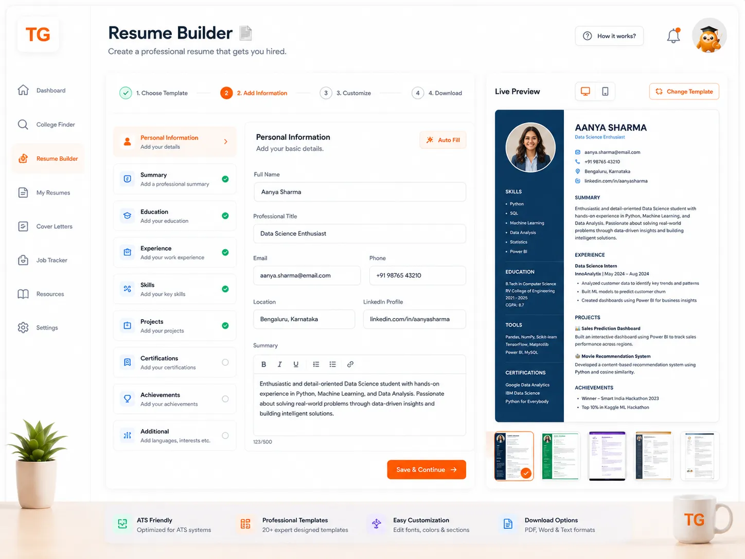 TalentGro Resume Builder — professional resume templates